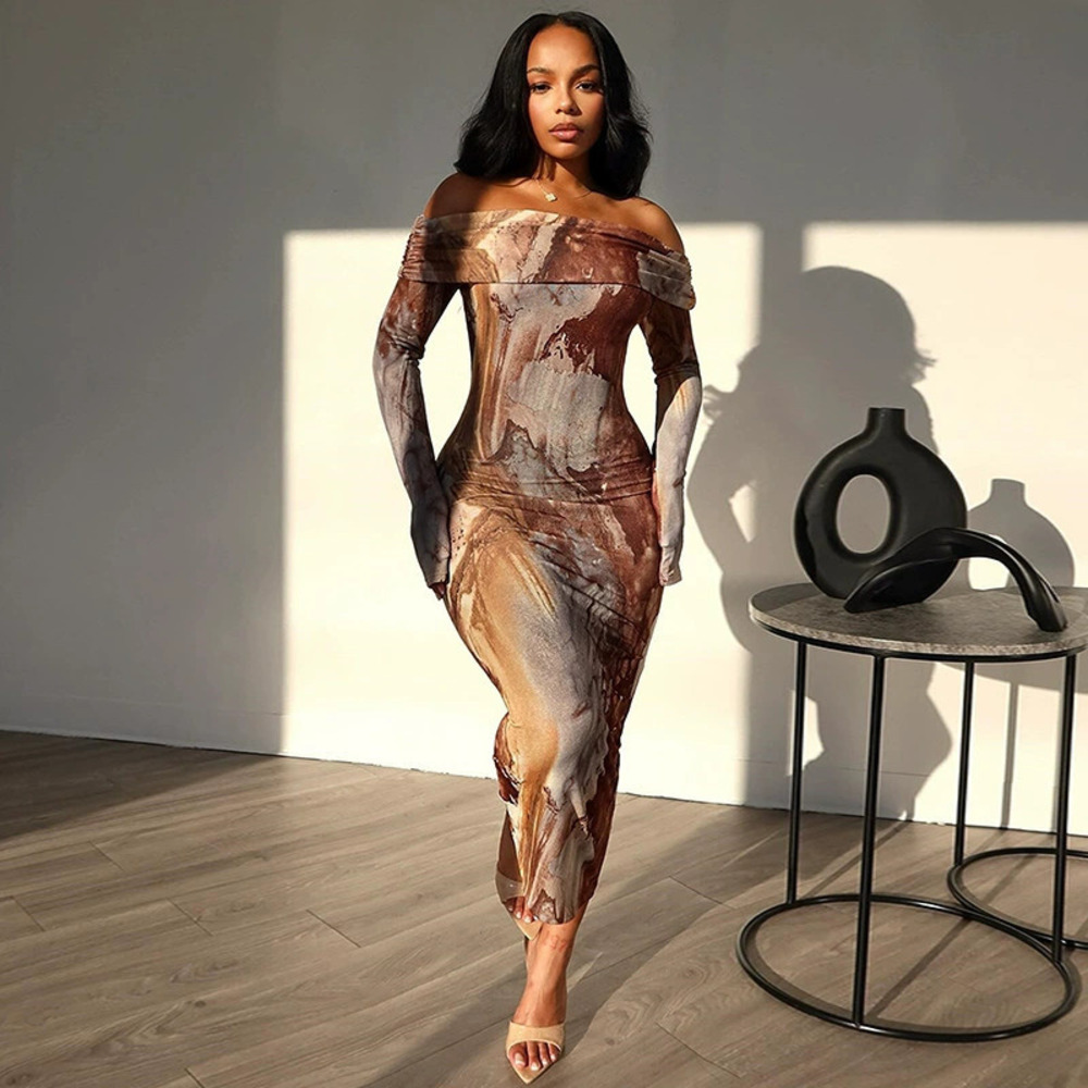 ZARA Trendy Retro Print Off Shoulder Long Sleeve Pencil Dress